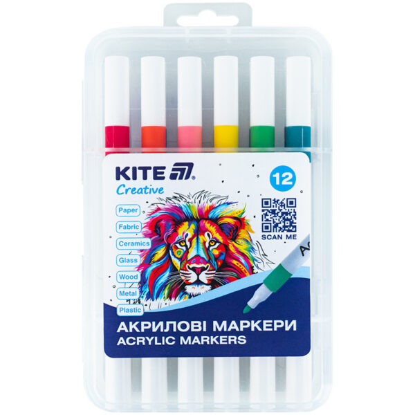 Набір маркерів акрил.на водн.осн,кругл наконечн.Creative Kite 12кол.у пласт.упак